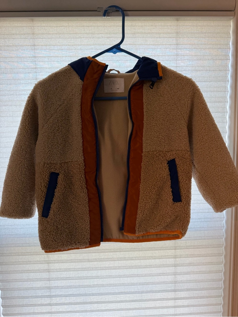 Zara Beige Sherpa Jacket with Navy and Rust Trim
